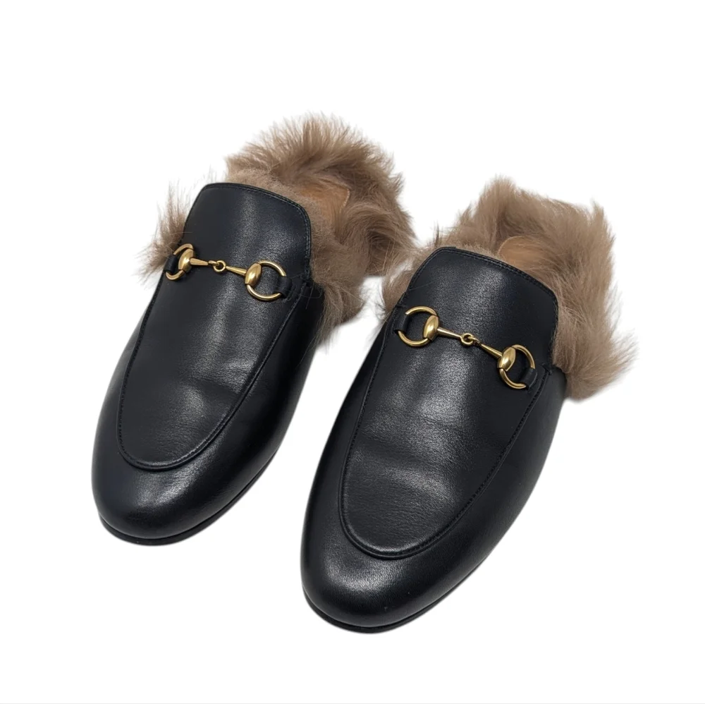 Gucci Black Leather Fur Princetown Mule Loafer Size EU 39 - Picture 2 of 9